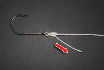 Puis tirez sur la ligne mère afin de serrer définitivement le nœud qui vient en butée contre l\'œillet.