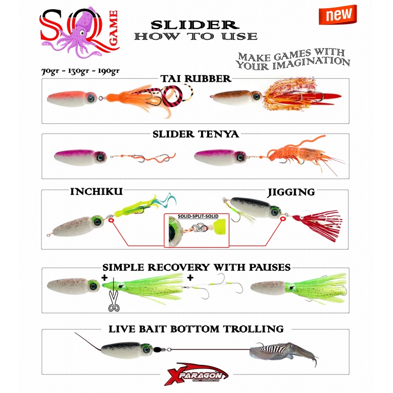 Le Squid Game Slider X-Paragon est hyper polyvalent et peut se transformer en de nombreux leurres de pêche verticale